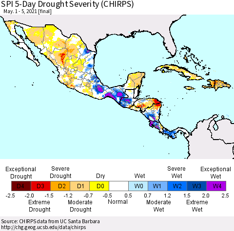 Mexico Central America and the Caribbean SPI 5-Day Drought Severity (CHIRPS) Thematic Map For 5/1/2021 - 5/5/2021