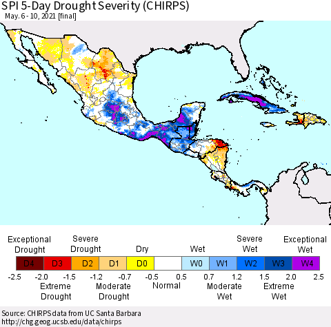 Mexico Central America and the Caribbean SPI 5-Day Drought Severity (CHIRPS) Thematic Map For 5/6/2021 - 5/10/2021