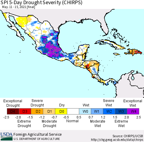 Mexico Central America and the Caribbean SPI 5-Day Drought Severity (CHIRPS) Thematic Map For 5/11/2021 - 5/15/2021