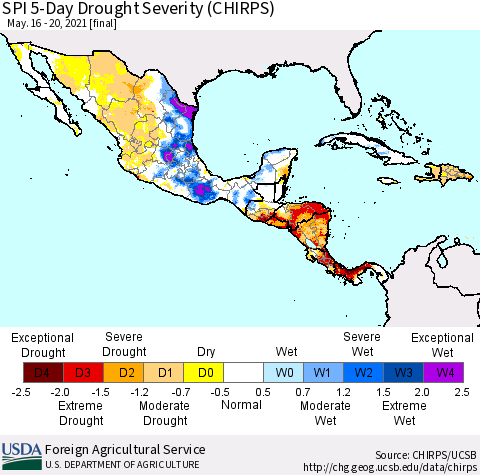 Mexico Central America and the Caribbean SPI 5-Day Drought Severity (CHIRPS) Thematic Map For 5/16/2021 - 5/20/2021