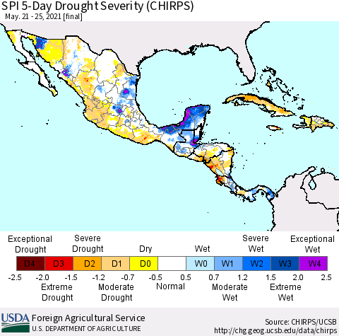 Mexico Central America and the Caribbean SPI 5-Day Drought Severity (CHIRPS) Thematic Map For 5/21/2021 - 5/25/2021