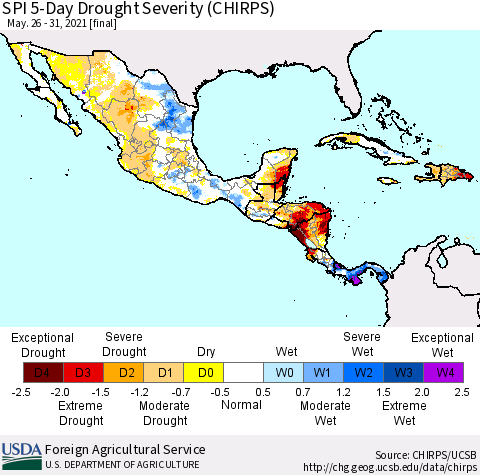 Mexico Central America and the Caribbean SPI 5-Day Drought Severity (CHIRPS) Thematic Map For 5/26/2021 - 5/31/2021