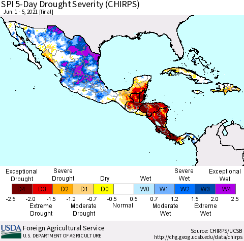 Mexico Central America and the Caribbean SPI 5-Day Drought Severity (CHIRPS) Thematic Map For 6/1/2021 - 6/5/2021