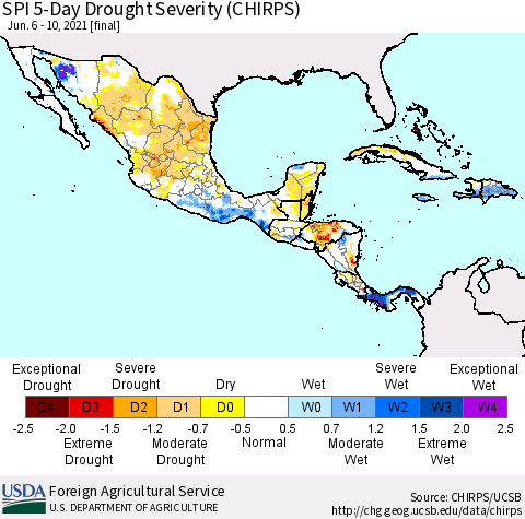 Mexico Central America and the Caribbean SPI 5-Day Drought Severity (CHIRPS) Thematic Map For 6/6/2021 - 6/10/2021