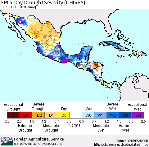 Mexico Central America and the Caribbean SPI 5-Day Drought Severity (CHIRPS) Thematic Map For 6/11/2021 - 6/15/2021