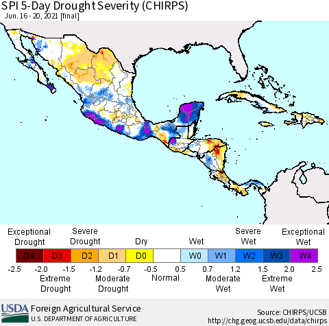 Mexico Central America and the Caribbean SPI 5-Day Drought Severity (CHIRPS) Thematic Map For 6/16/2021 - 6/20/2021