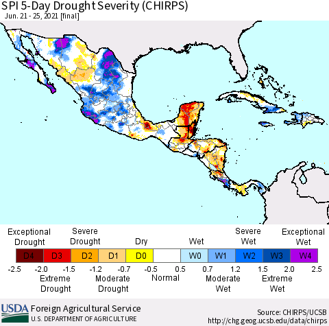 Mexico Central America and the Caribbean SPI 5-Day Drought Severity (CHIRPS) Thematic Map For 6/21/2021 - 6/25/2021