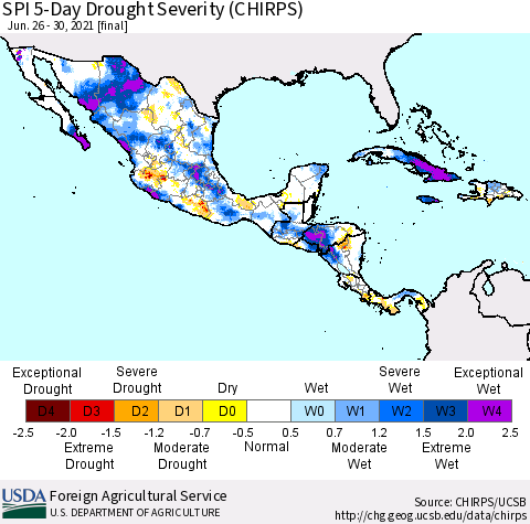 Mexico Central America and the Caribbean SPI 5-Day Drought Severity (CHIRPS) Thematic Map For 6/26/2021 - 6/30/2021