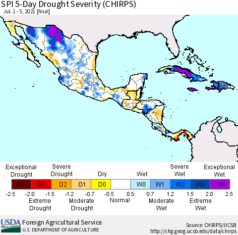 Mexico Central America and the Caribbean SPI 5-Day Drought Severity (CHIRPS) Thematic Map For 7/1/2021 - 7/5/2021