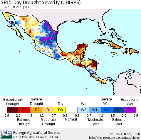 Mexico Central America and the Caribbean SPI 5-Day Drought Severity (CHIRPS) Thematic Map For 7/6/2021 - 7/10/2021