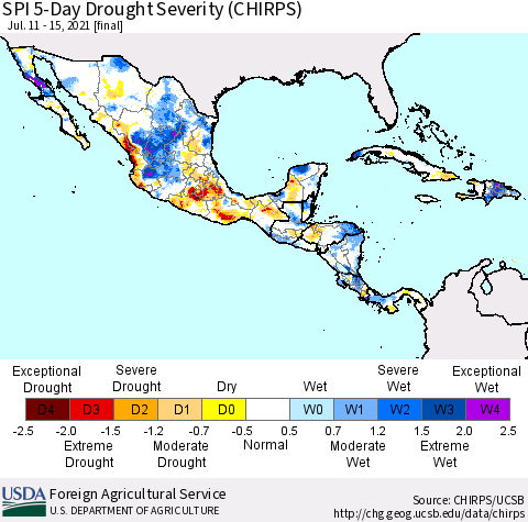 Mexico Central America and the Caribbean SPI 5-Day Drought Severity (CHIRPS) Thematic Map For 7/11/2021 - 7/15/2021