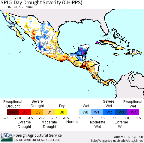 Mexico Central America and the Caribbean SPI 5-Day Drought Severity (CHIRPS) Thematic Map For 7/16/2021 - 7/20/2021