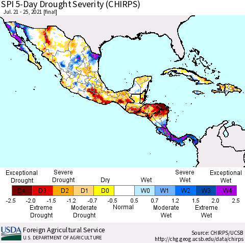 Mexico Central America and the Caribbean SPI 5-Day Drought Severity (CHIRPS) Thematic Map For 7/21/2021 - 7/25/2021