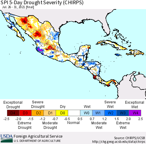 Mexico Central America and the Caribbean SPI 5-Day Drought Severity (CHIRPS) Thematic Map For 7/26/2021 - 7/31/2021