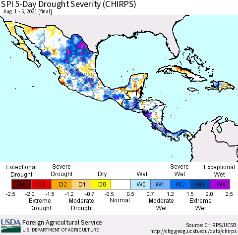 Mexico Central America and the Caribbean SPI 5-Day Drought Severity (CHIRPS) Thematic Map For 8/1/2021 - 8/5/2021