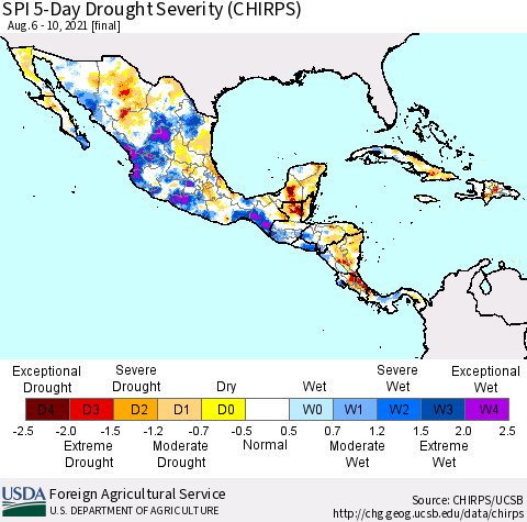 Mexico Central America and the Caribbean SPI 5-Day Drought Severity (CHIRPS) Thematic Map For 8/6/2021 - 8/10/2021