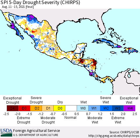 Mexico Central America and the Caribbean SPI 5-Day Drought Severity (CHIRPS) Thematic Map For 8/11/2021 - 8/15/2021