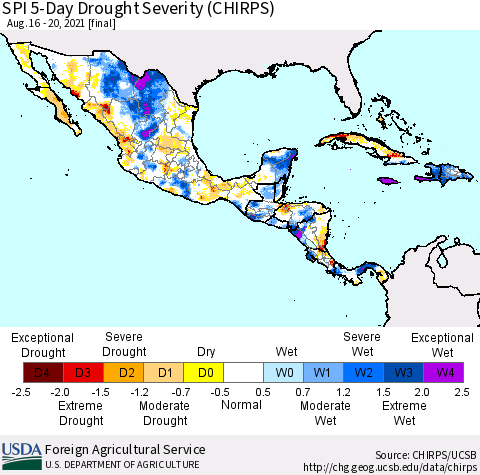 Mexico Central America and the Caribbean SPI 5-Day Drought Severity (CHIRPS) Thematic Map For 8/16/2021 - 8/20/2021