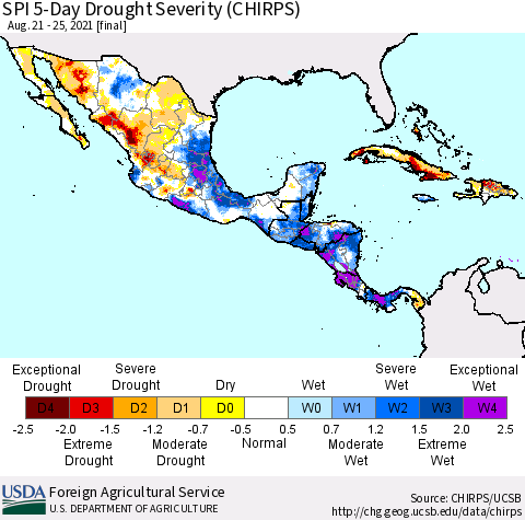 Mexico Central America and the Caribbean SPI 5-Day Drought Severity (CHIRPS) Thematic Map For 8/21/2021 - 8/25/2021
