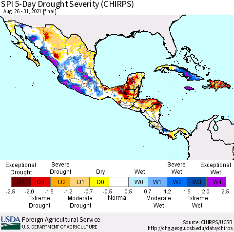 Mexico Central America and the Caribbean SPI 5-Day Drought Severity (CHIRPS) Thematic Map For 8/26/2021 - 8/31/2021