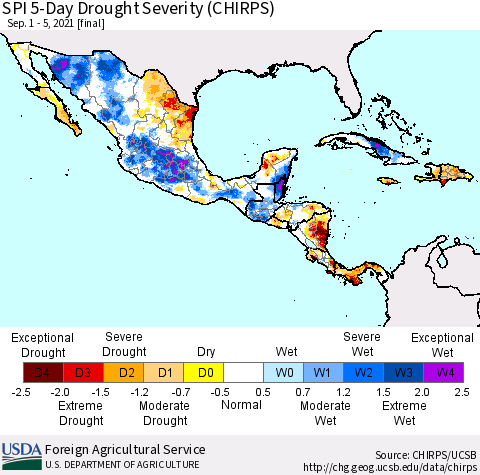 Mexico Central America and the Caribbean SPI 5-Day Drought Severity (CHIRPS) Thematic Map For 9/1/2021 - 9/5/2021
