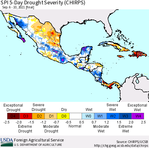 Mexico Central America and the Caribbean SPI 5-Day Drought Severity (CHIRPS) Thematic Map For 9/6/2021 - 9/10/2021