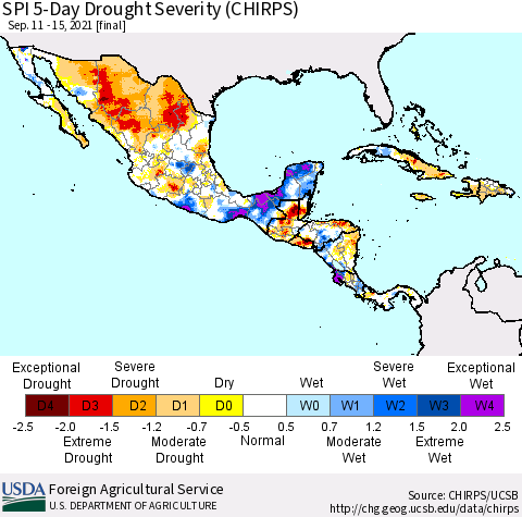 Mexico Central America and the Caribbean SPI 5-Day Drought Severity (CHIRPS) Thematic Map For 9/11/2021 - 9/15/2021