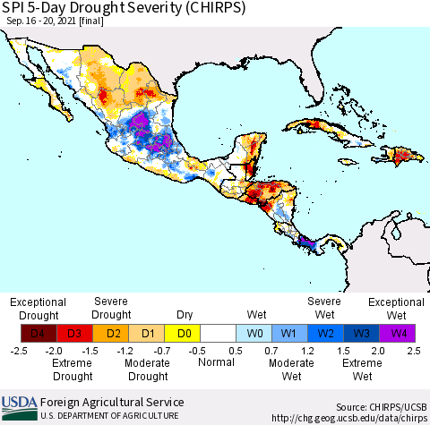 Mexico Central America and the Caribbean SPI 5-Day Drought Severity (CHIRPS) Thematic Map For 9/16/2021 - 9/20/2021