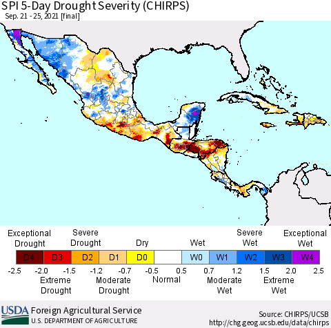 Mexico Central America and the Caribbean SPI 5-Day Drought Severity (CHIRPS) Thematic Map For 9/21/2021 - 9/25/2021