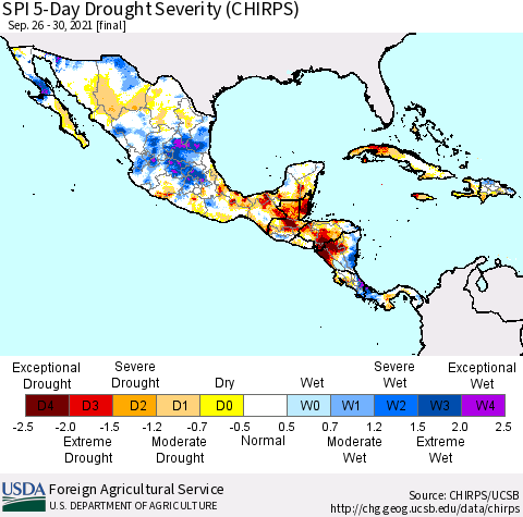 Mexico Central America and the Caribbean SPI 5-Day Drought Severity (CHIRPS) Thematic Map For 9/26/2021 - 9/30/2021