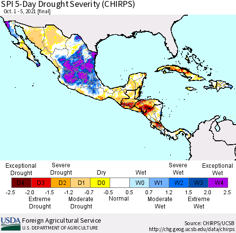Mexico Central America and the Caribbean SPI 5-Day Drought Severity (CHIRPS) Thematic Map For 10/1/2021 - 10/5/2021
