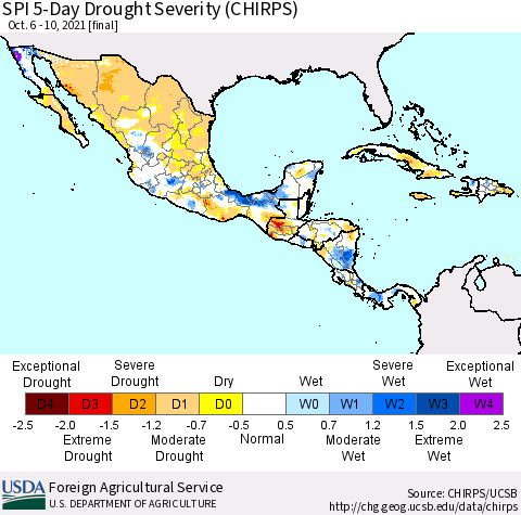 Mexico Central America and the Caribbean SPI 5-Day Drought Severity (CHIRPS) Thematic Map For 10/6/2021 - 10/10/2021