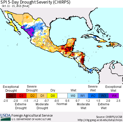Mexico Central America and the Caribbean SPI 5-Day Drought Severity (CHIRPS) Thematic Map For 10/11/2021 - 10/15/2021
