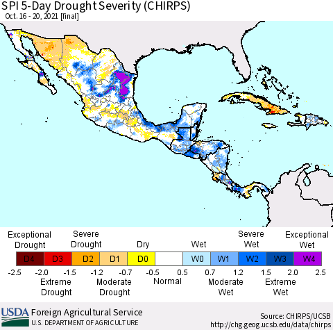 Mexico Central America and the Caribbean SPI 5-Day Drought Severity (CHIRPS) Thematic Map For 10/16/2021 - 10/20/2021