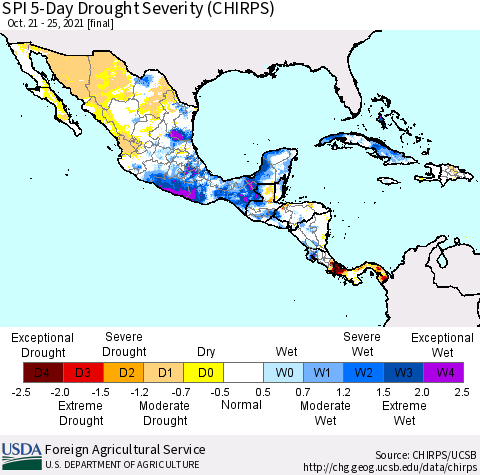 Mexico Central America and the Caribbean SPI 5-Day Drought Severity (CHIRPS) Thematic Map For 10/21/2021 - 10/25/2021