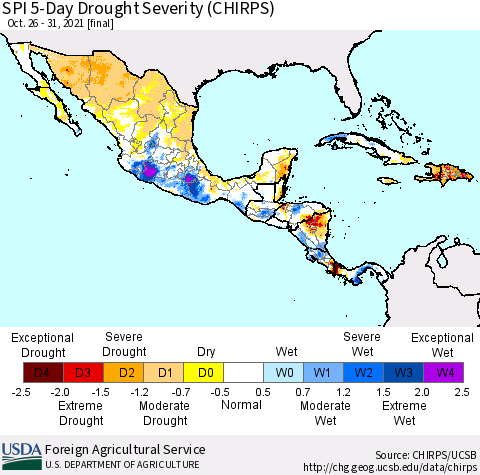 Mexico Central America and the Caribbean SPI 5-Day Drought Severity (CHIRPS) Thematic Map For 10/26/2021 - 10/31/2021