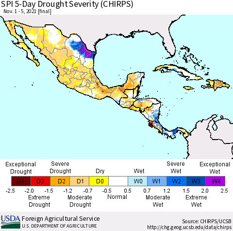 Mexico Central America and the Caribbean SPI 5-Day Drought Severity (CHIRPS) Thematic Map For 11/1/2021 - 11/5/2021