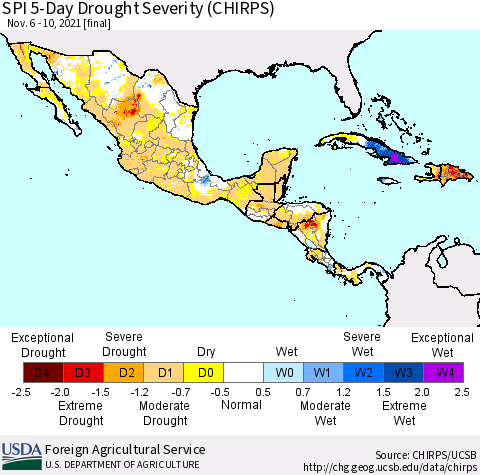 Mexico Central America and the Caribbean SPI 5-Day Drought Severity (CHIRPS) Thematic Map For 11/6/2021 - 11/10/2021
