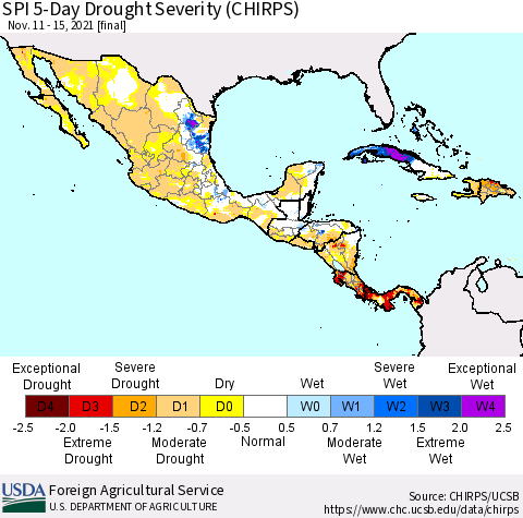 Mexico Central America and the Caribbean SPI 5-Day Drought Severity (CHIRPS) Thematic Map For 11/11/2021 - 11/15/2021