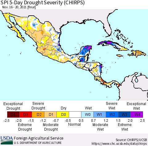 Mexico Central America and the Caribbean SPI 5-Day Drought Severity (CHIRPS) Thematic Map For 11/16/2021 - 11/20/2021