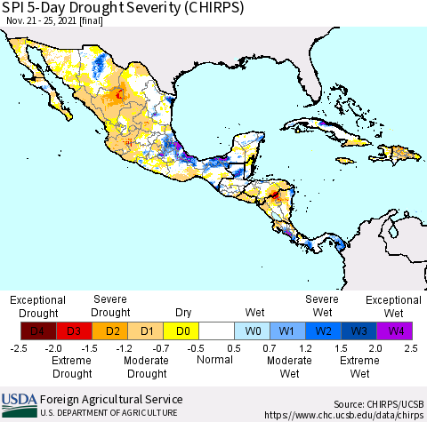 Mexico Central America and the Caribbean SPI 5-Day Drought Severity (CHIRPS) Thematic Map For 11/21/2021 - 11/25/2021