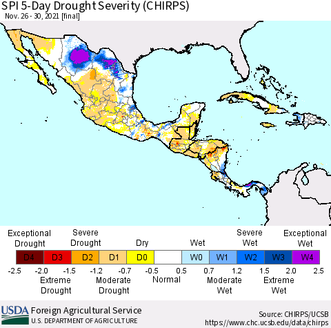 Mexico Central America and the Caribbean SPI 5-Day Drought Severity (CHIRPS) Thematic Map For 11/26/2021 - 11/30/2021