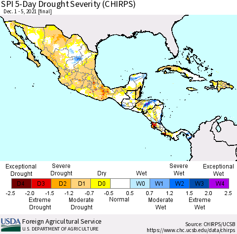 Mexico Central America and the Caribbean SPI 5-Day Drought Severity (CHIRPS) Thematic Map For 12/1/2021 - 12/5/2021