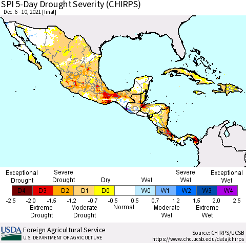 Mexico Central America and the Caribbean SPI 5-Day Drought Severity (CHIRPS) Thematic Map For 12/6/2021 - 12/10/2021