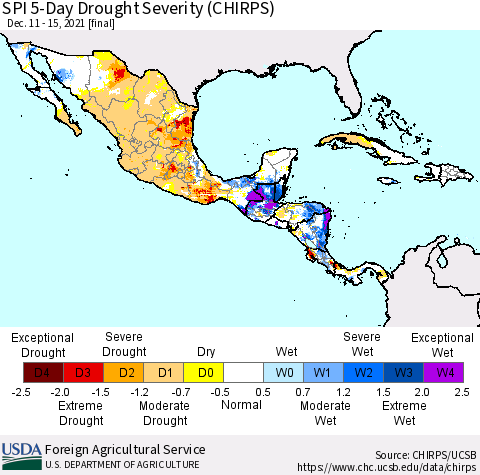 Mexico Central America and the Caribbean SPI 5-Day Drought Severity (CHIRPS) Thematic Map For 12/11/2021 - 12/15/2021
