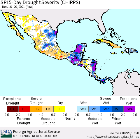 Mexico Central America and the Caribbean SPI 5-Day Drought Severity (CHIRPS) Thematic Map For 12/16/2021 - 12/20/2021