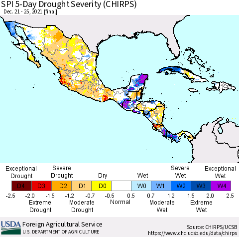 Mexico Central America and the Caribbean SPI 5-Day Drought Severity (CHIRPS) Thematic Map For 12/21/2021 - 12/25/2021