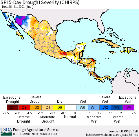 Mexico Central America and the Caribbean SPI 5-Day Drought Severity (CHIRPS) Thematic Map For 12/26/2021 - 12/31/2021