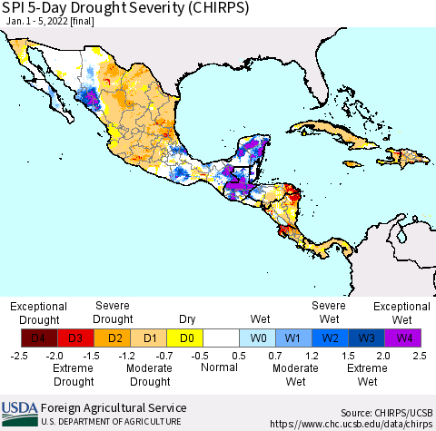 Mexico Central America and the Caribbean SPI 5-Day Drought Severity (CHIRPS) Thematic Map For 1/1/2022 - 1/5/2022