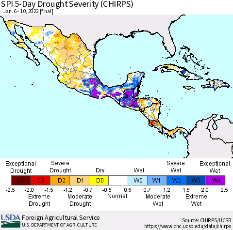 Mexico Central America and the Caribbean SPI 5-Day Drought Severity (CHIRPS) Thematic Map For 1/6/2022 - 1/10/2022